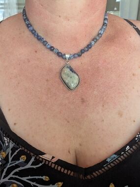 Blue Beaded Sodalite Necklace with Stone Pendant